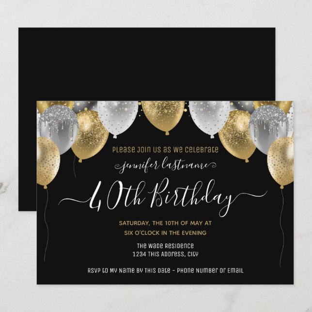Invitation Parties scintillant Ballons 40e Anniversaire Fête  (Devant / Derrière)