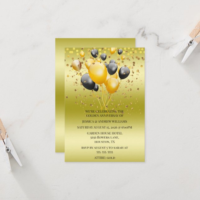 Invitation Parties scintillant Ballons Confetti 50e anniversa (Devant/Arrière en situation)