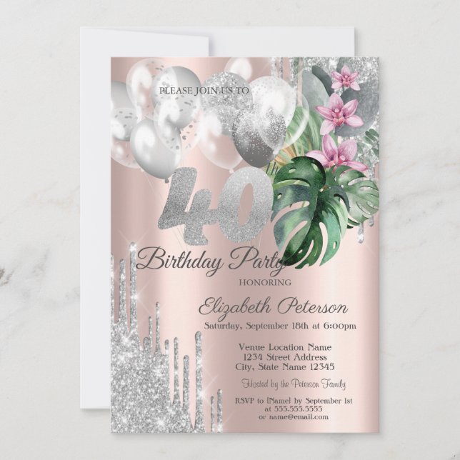 Invitation Parties scintillant Ballons Fleurs tropicales 40e (Devant)