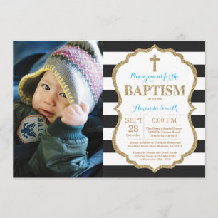 Invitation Parties scintillant Baptême Noir Bleu et Or Invita