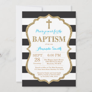 Invitation Parties scintillant Baptême Noir Bleu et Or Invita