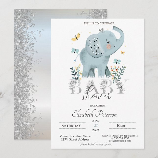 Invitation Parties scintillant bébé éléphant Baby shower en a (Devant / Derrière)