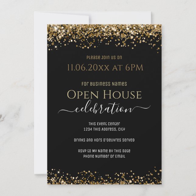 Invitation Parties scintillant Black and Gold Open House Busi (Devant)