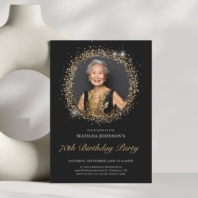 Invitation Parties scintillant Black Gold 70th Birthday Party (Glitter Black Gold 70th Birthday Party Invitation)