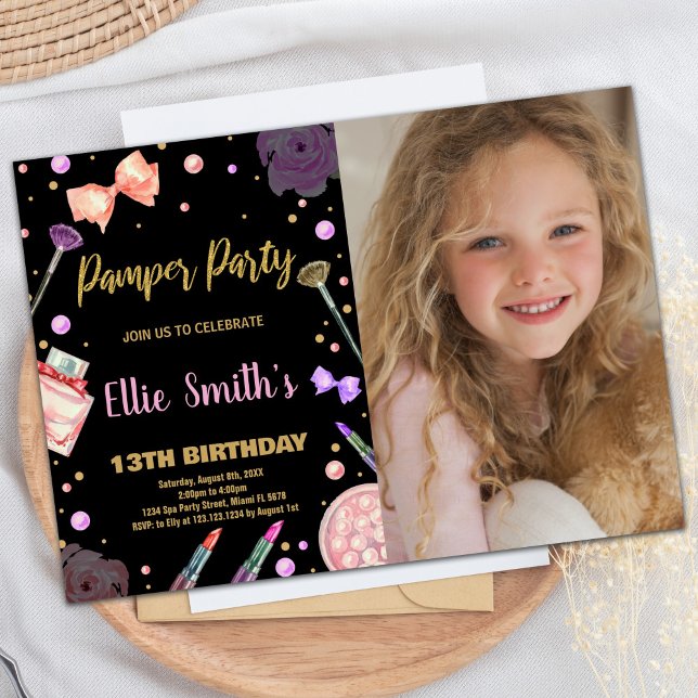 Invitation Parties scintillant Black Photo Pamper Party Anniv (Glitter Black Photo Pamper Party Birthday Invitation)