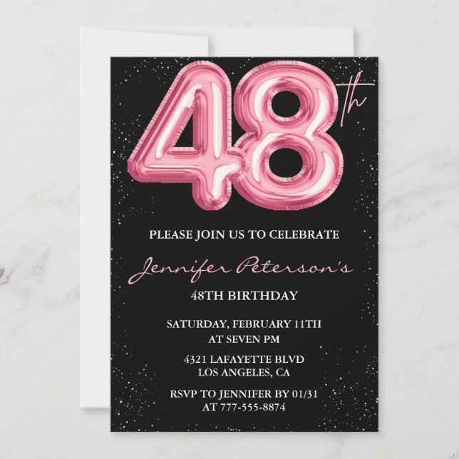Invitation Parties scintillant Black Pink Balloon Glam 48e an (Devant)
