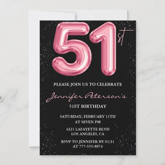 Invitation Parties scintillant Black Pink Balloon Glam 51e an (Devant)