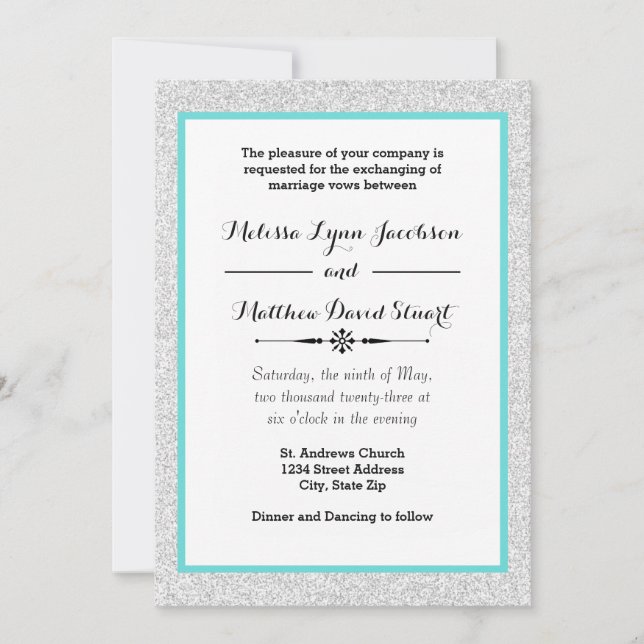 Invitation Parties scintillant blanche et cadre Turquoise - F (Devant)