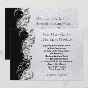 Invitation Parties scintillant blanche, Mariage floral noir e