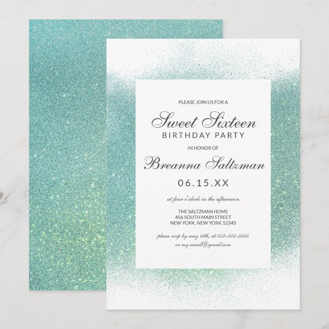 Invitation Parties scintillant blanche Turquoise glamour Douc (Devant / Derrière)