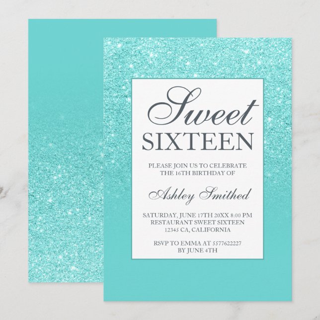 Invitation Parties scintillant bleu aqua élégant chic Sweet 1 (Devant / Derrière)