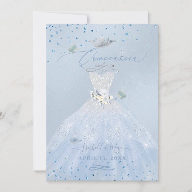 Invitation Parties scintillant bleu argent Quinceanera (Devant)