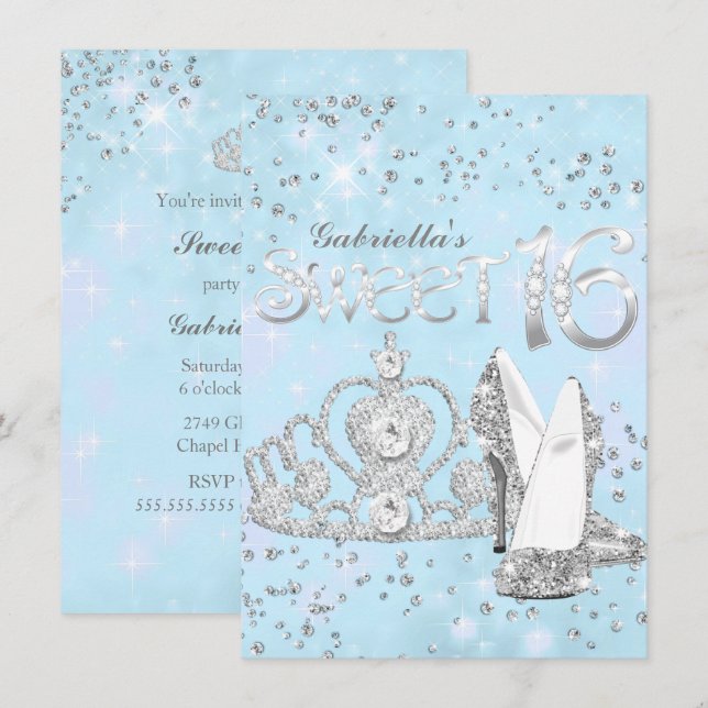 Invitation Parties scintillant bleu argent Tiara & talons dou (Devant / Derrière)