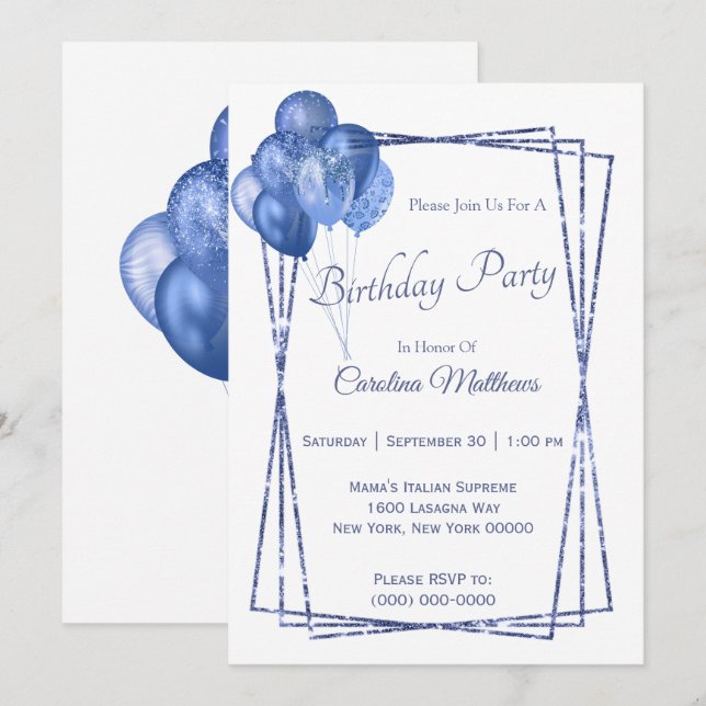 Invitation Parties scintillant Bleu Balloon Anniversaire (Devant / Derrière)