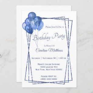 Invitation Parties scintillant Bleu Balloon Anniversaire