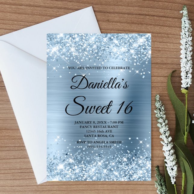 Invitation Parties scintillant bleu clair et étincelante et h (Create your own pretty light blue glittery foil digital art birthday invitation.)