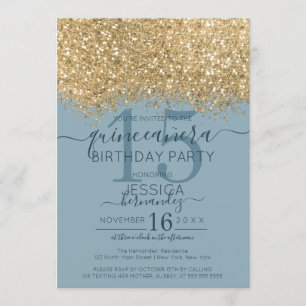 Invitation Parties scintillant Bleu Dusty Or Chic Confetti Qu