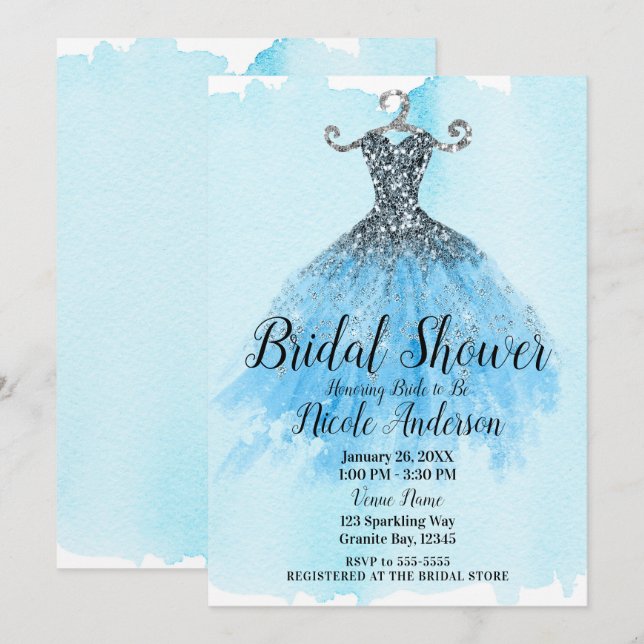 Invitation Parties scintillant bleu et argent Étincelle Fête  (Devant / Derrière)