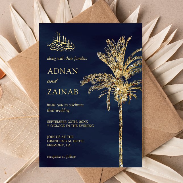 Invitation Parties scintillant bleu et or Date Palm Musulman  (Créateur téléchargé)