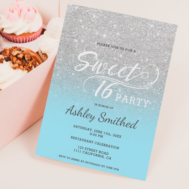 Invitation Parties scintillant bleu glace argent ombre violet (Créateur téléchargé)