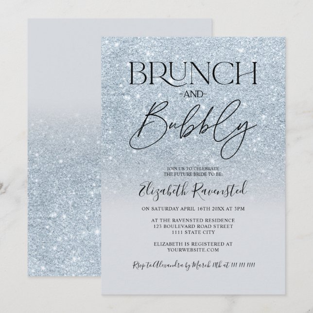 Invitation Parties scintillant bleu glacé brunch chic bulle d (Devant / Derrière)