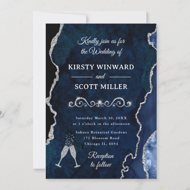 Invitation Parties scintillant bleu marine et argent Agate et (Devant)