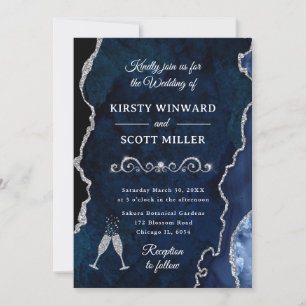 Invitation Parties scintillant bleu marine et argent Agate et