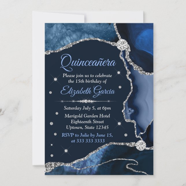 Invitation Parties scintillant bleu marine et argent Agate Qu (Devant)