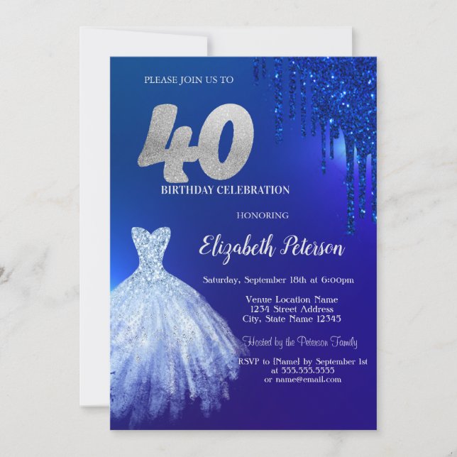 Invitation Parties scintillant bleu marine, robe bleu 40e ann (Devant)