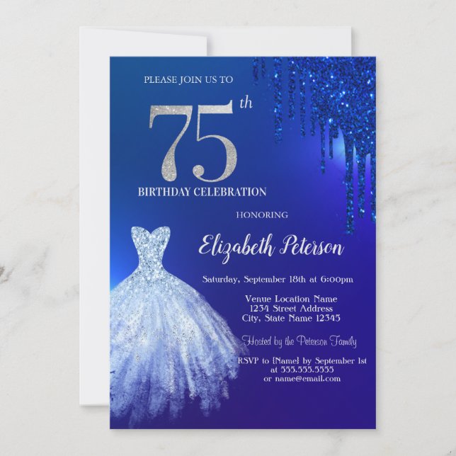 Invitation Parties scintillant bleu marine, robe bleu 75e ann (Devant)