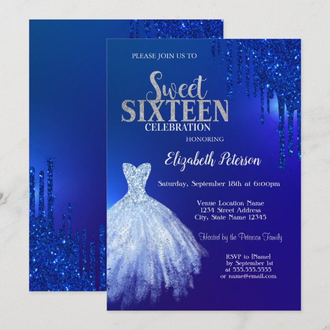 Invitation Parties scintillant bleu marine, robe bleu doux 16 (Devant / Derrière)