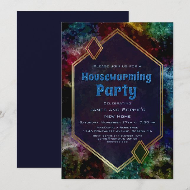 Invitation Parties scintillant bleu or géométrique (Devant / Derrière)