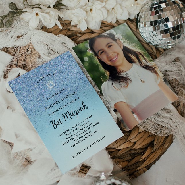 Invitation Parties scintillant bleu verre Bat mitzvah | Retou (Créateur téléchargé)