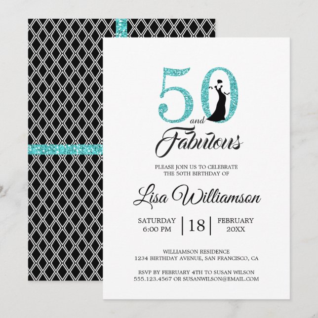 Invitation Parties scintillant bleue 50 Fabuleux | Fête du 50 (Devant / Derrière)
