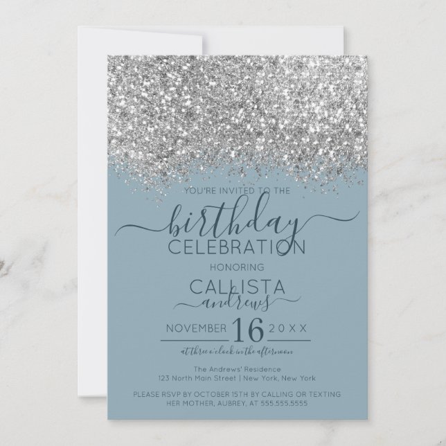 Invitation Parties scintillant Bleue Argent de luxe Confetti  (Devant)