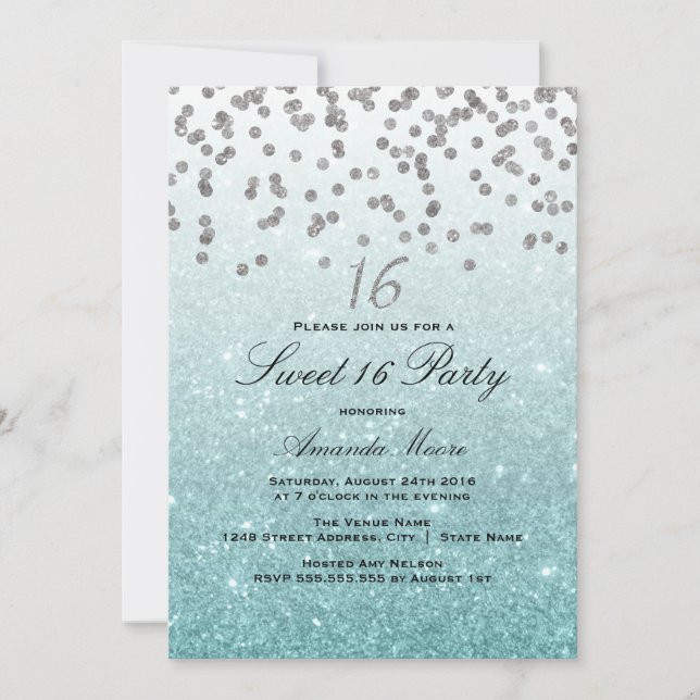 Invitation Parties scintillant bleue Confetti Sweet 16 Invita (Devant)