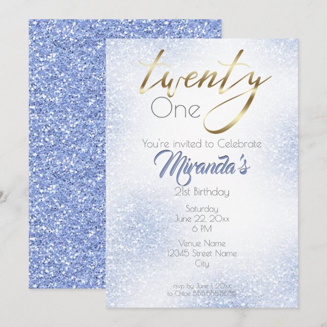 Invitation Parties scintillant bleue Cornflower et or 21e (Devant / Derrière)