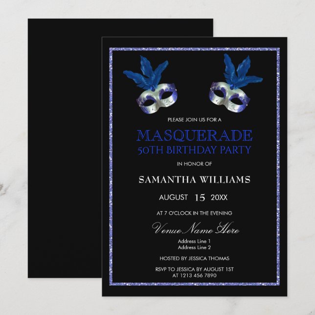 Invitation Parties scintillant bleue élégante Masquerade 50e  (Devant / Derrière)
