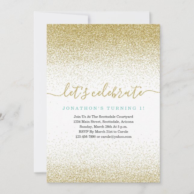 Invitation Parties scintillant bleue et or 1er anniversaire I (Devant)