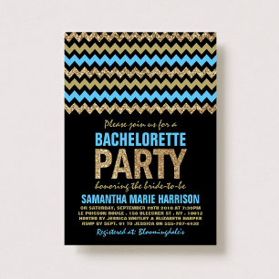 Invitation Parties scintillant bleue et or Chevron Bacheloret