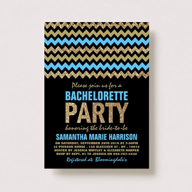 Invitation Parties scintillant bleue et or Chevron Bacheloret (Créateur téléchargé)