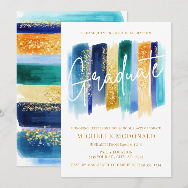 Invitation Parties scintillant Bleue et Or Graduation Party (Devant / Derrière)