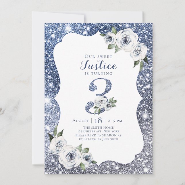 Invitation Parties scintillant bleue étincelante et 3e annive (Devant)