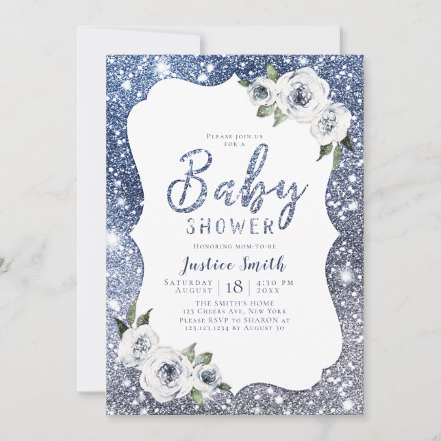 Invitation Parties scintillant bleue étincelante et baby show (Devant)