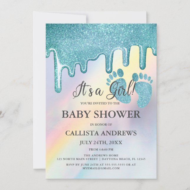 Invitation Parties scintillant bleue gouttes Rainbow Baby sho (Devant)