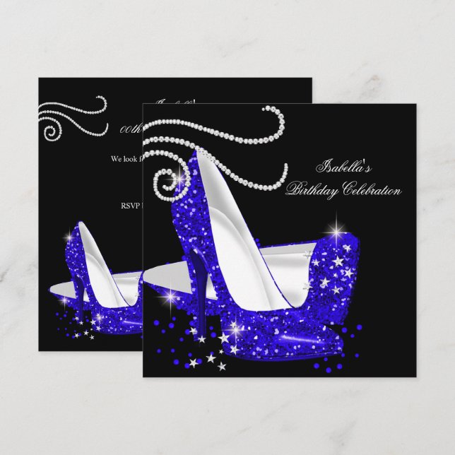 Invitation Parties scintillant Bleue Haut talons Noir fête d' (Devant / Derrière)