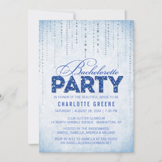 Invitation Parties scintillant Bleue Look Bachelorette Party  (Devant)