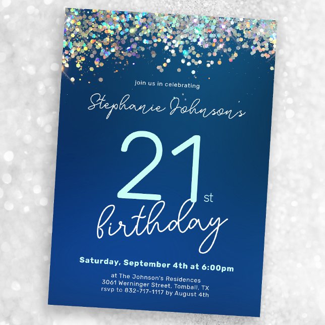 Invitation Parties scintillant Bleue Moderne 21e fête d'anniv (Mock-up view)