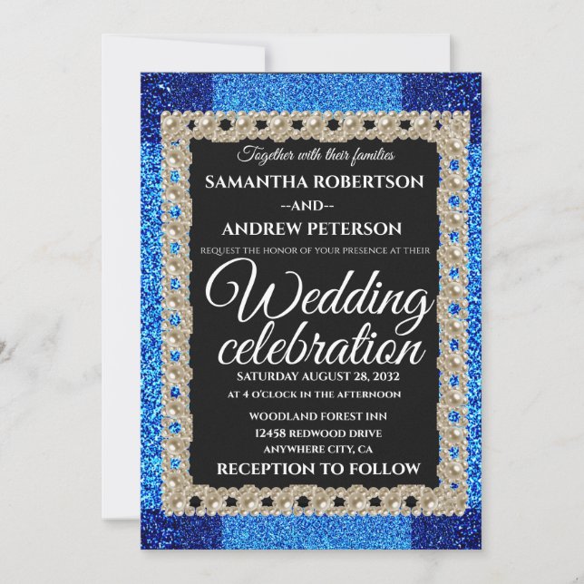 Invitation Parties scintillant bleue perles mousseuses mariag (Devant)