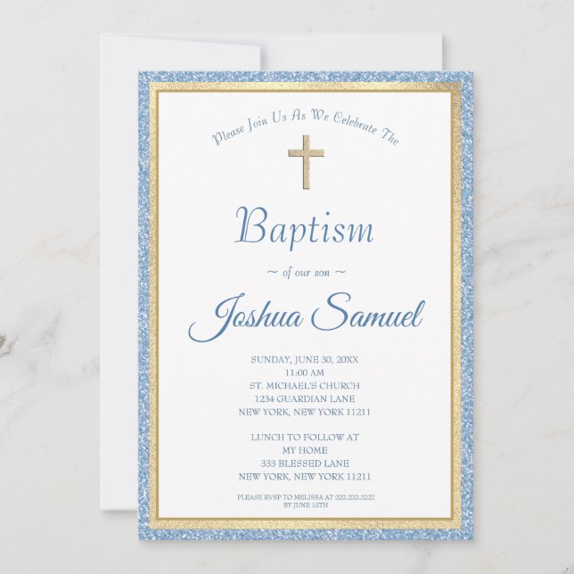 Invitation Parties scintillant Bleue Religieux Croix d'or Boy (Devant)